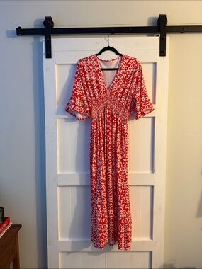 Red Floral Print Maxi Dress with Smocked Waist
